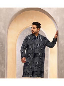 SOJANYA - Men Cotton Blend Sanganeri Printed Navy Blue Long Kurta