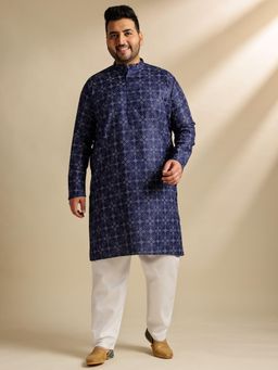 SOJANYA - Men Cotton Linen Ethnic Motifs Printed Navy Long Kurta