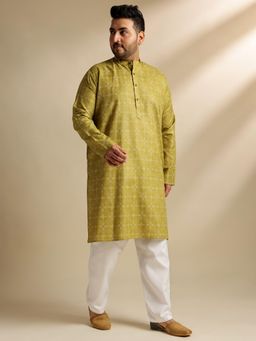 SOJANYA - Men Cotton Linen Ethnic Motifs Printed Olive Long Kurta