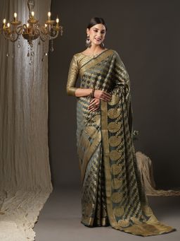 Akhilam - Womens Silk Blend Grey Woven Design Designer Saree with Unstitched Blouse