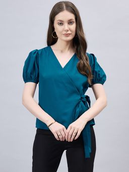 Style Quotient - Women Solid Short Puff Sleeve Wrap Top
