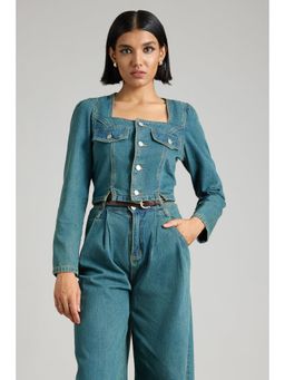 FREAKINS - Square Neck Denim Jacket with Slits