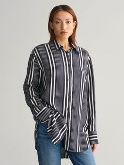 GANT - Women Navy Blue Striped Spread Collar Full Sleeves Shirt