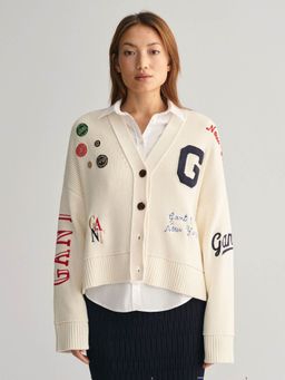 GANT - Women Cream Typography Full Sleeves Cardigan Sweater