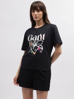 GANT - Women Black Printed Round Neck Short Sleeves T-Shirt