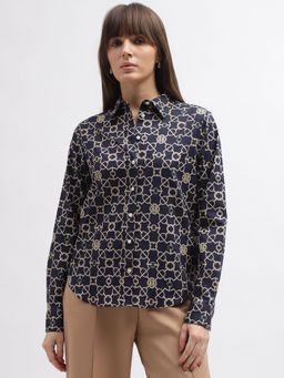 GANT - Women Navy Blue Printed Spread Collar Full Sleeves Shirt