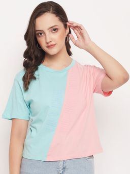 Madame - Women Colourblocked Round Neck Crop Top