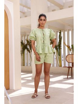 Moonstruck - Dull Green Front Mid Knots Peplum Top with Shorts (Set of 2)