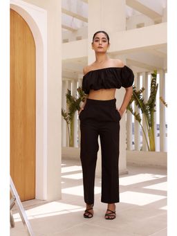Moonstruck - Off Shoulder Dark Black Crop Top with Pant (Set of 2)