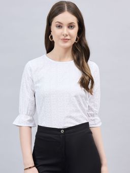 Style Quotient - Women Self Design Schiffli White Polycotton Regular Fit Semi Formal Top