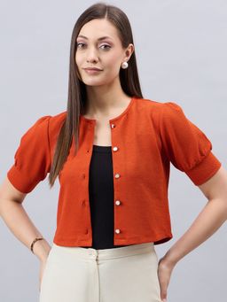 Style Quotient - Women Solid Rust Poly Knit Casual Open Front Shrug