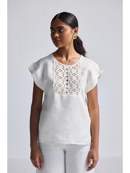 Reistor - Boxy Embroidered Lace Detail White Top