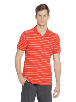 AM SWAN - Mens Stripes Fiery Orange - White Polo T-shirt