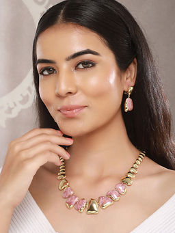 Saraf RS Jewellery - Anti-Tarnish Gold Plated Pink Enamelled Minimal Luxe Jewellery Set