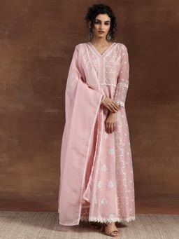 Libas Art - Pink Embroidered Anarkali Kurta with Palazzo with Dupatta (Set of 3)