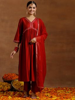 Libas - Red Solid A-Line Kurta and Pant with Embellished Dupatta (Set of 3)
