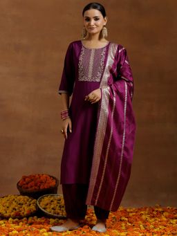 Libas - Purple Embroidered Straight Kurta with Salwar and Dupatta (Set of 3)