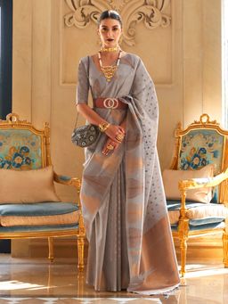 Akhilam - Women's Tissue Grey Woven Designer Saree with Unstitched Blouse