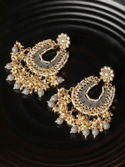 Priyaasi - Oversized Grey Kundan Gold Plated Floral Drop Earrings