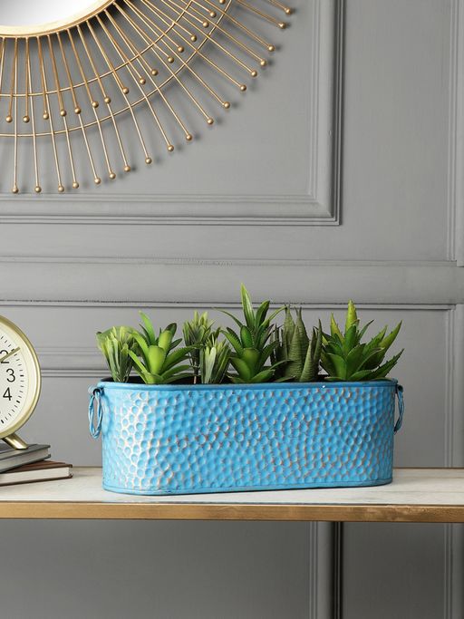 VarEesha Greendoor Distress Finish Blue Hammered Metal Planter