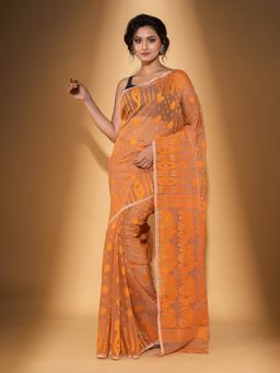 Beatitude - Orange Cotton Silk Jacquard Jamdani Saree with Unstitched Blouse