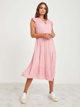 Styli - Pink Frill Sleeves Viscose Tiered Midi Dress