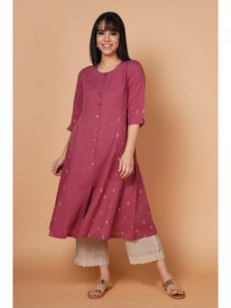 Barara Ethnic - Old Rose A Line Embroidered Linen Kurta