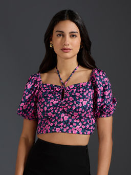 Twenty Dresses by Nykaa Fashion - Black Sweetheart Neck Floral Print Crop Top