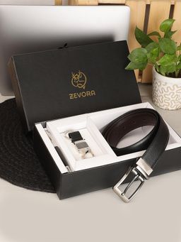 ZEVORA - Men Reversible Belt, Keychain and Pen Gift Set-Black