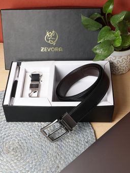 ZEVORA - Men Reversible Belt, Keychain and Pen Gift Set-Black