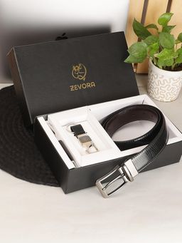 ZEVORA - Men Reversible Belt, Keychain and Pen Gift Set-Black