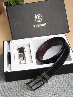 ZEVORA - Men Reversible Belt, Keychain and Pen Gift Set-Black