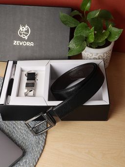 ZEVORA - Men Reversible Belt, Keychain and Pen Gift Set-Black