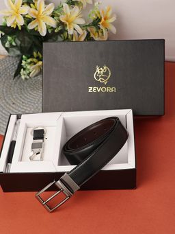 ZEVORA - Men Reversible Belt, Keychain and Pen Gift Set-Black