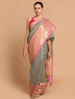 Indethnic - Banarasi Black Checked Work Wear Saree With Unstitched Blouse