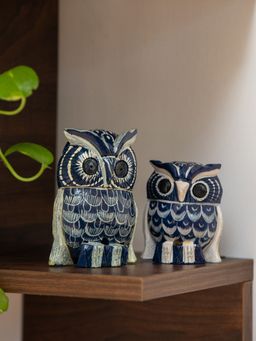 ExclusiveLane - The Resting Owl Pair Hand-Painted Showpiece In Wood