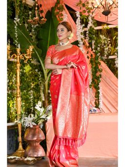 Beatitude - Pink Soft Silk Banarasi Woven Saree with Unstitched Blouse