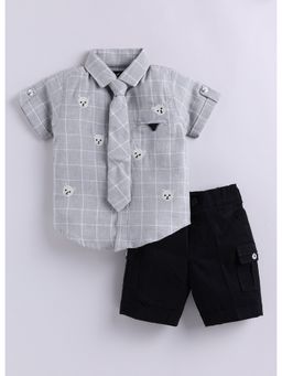 Little Collars - Teddy Embroidered Shorts and Checks Shirt with Tie (Set of 3)