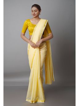 Unnati Silks - Peach Yellow Pure Plain Kota Cotton Saree with Unstitched Blouse