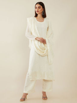 Soch - Off White Machine Embroidery Georgette Unstitched Dress Material - 3 Meter Kurta Fabric