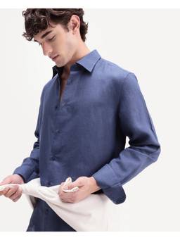 Rare Rabbit - Aeri-Fs Men Primary Blue Solid Linen Blend Shirt