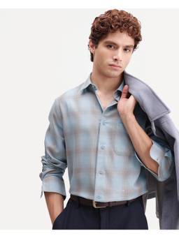 Rare Rabbit - Aer Men Dusky Blue Checked Spread Collar Regular Shirt