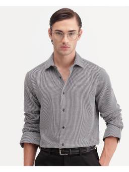 Rare Rabbit - Axel Men Black Micro Check Embroidered Cuban Collar Shirt