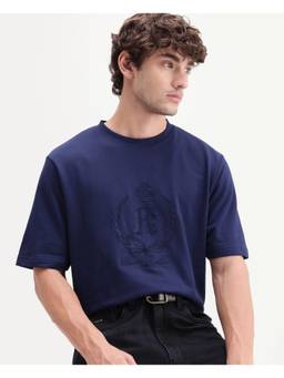Rare Rabbit - Breako Men Dark Navy Solid HD Print Crew Neck T-Shirt