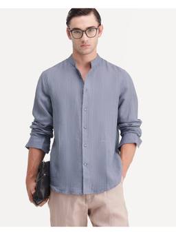 Rare Rabbit - Cronts Men Dusky Blue Striped Linen Mandarin Collar Casual Shirt