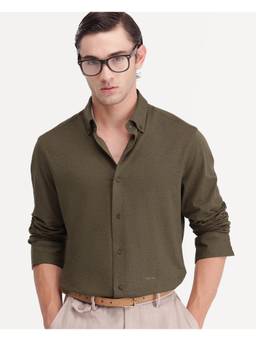 Rare Rabbit - Kenway Men Olive Solid Cotton Blend Button-Down Collar Shirt