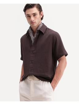 Rare Rabbit - Layerr Men Dark Brown Solid Cotton Casual Shirt