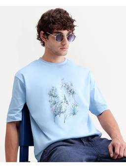 Rare Rabbit - Oren Men Light Blue Graphic Print Cotton Crew Neck T-Shirt