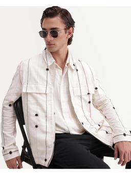 Rare Rabbit - Pion Men Off White Embroidered Shirt Jacket Shacket
