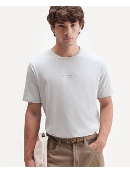 Rare Rabbit - Men's Rabbit-A26 Light Grey Cotton Blend Crew Neck Regular Hd Print T-Shirt